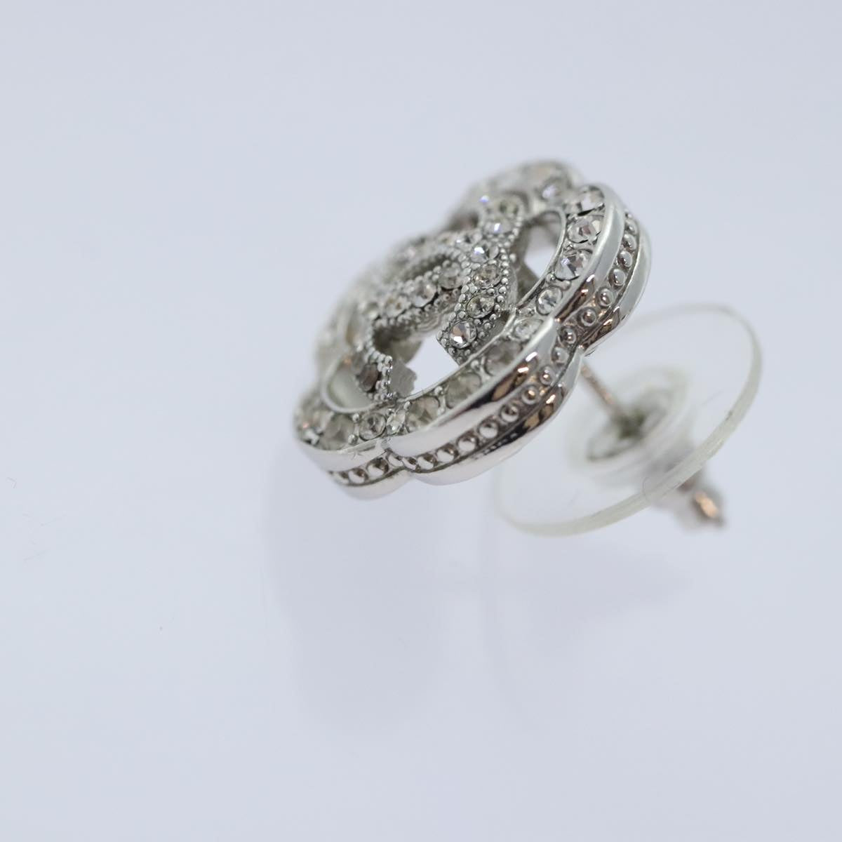 CHANEL Camelia Pierce Earring metal Silver CC Auth 89077