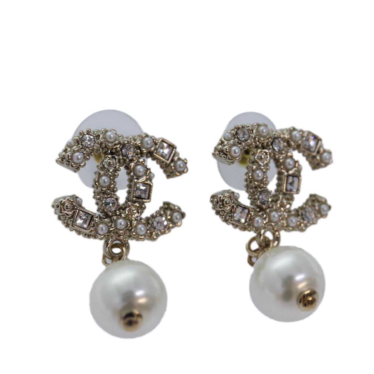 CHANEL Pearl Earring metal Silver CC Auth 89078