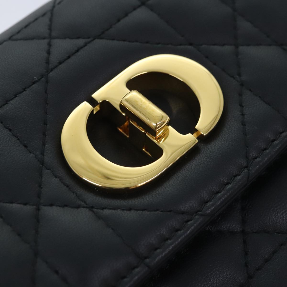 Christian Dior Miss Caro Micro Cannage Bag Lamb Skin Black Gold Auth 89088S