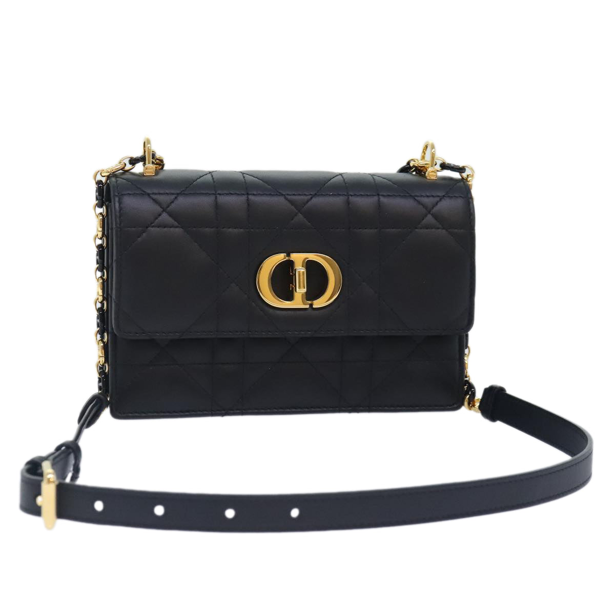 Christian Dior Miss Caro Micro Cannage Bag Lamb Skin Black Gold Auth 89088S