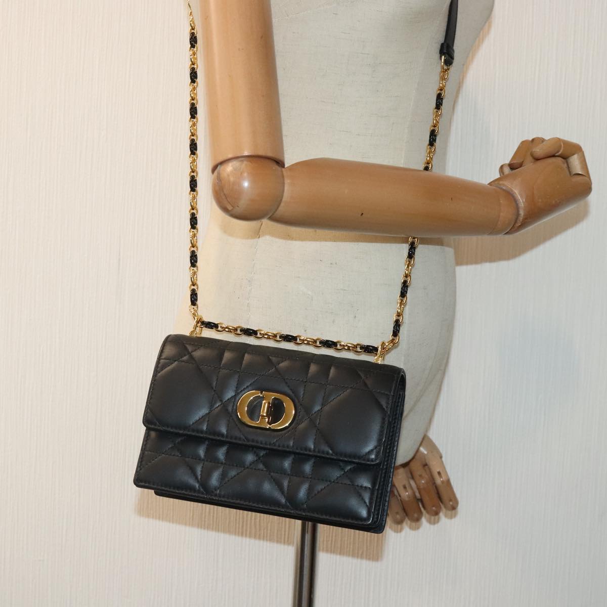 Christian Dior Miss Caro Micro Cannage Bag Lamb Skin Black Gold Auth 89088S