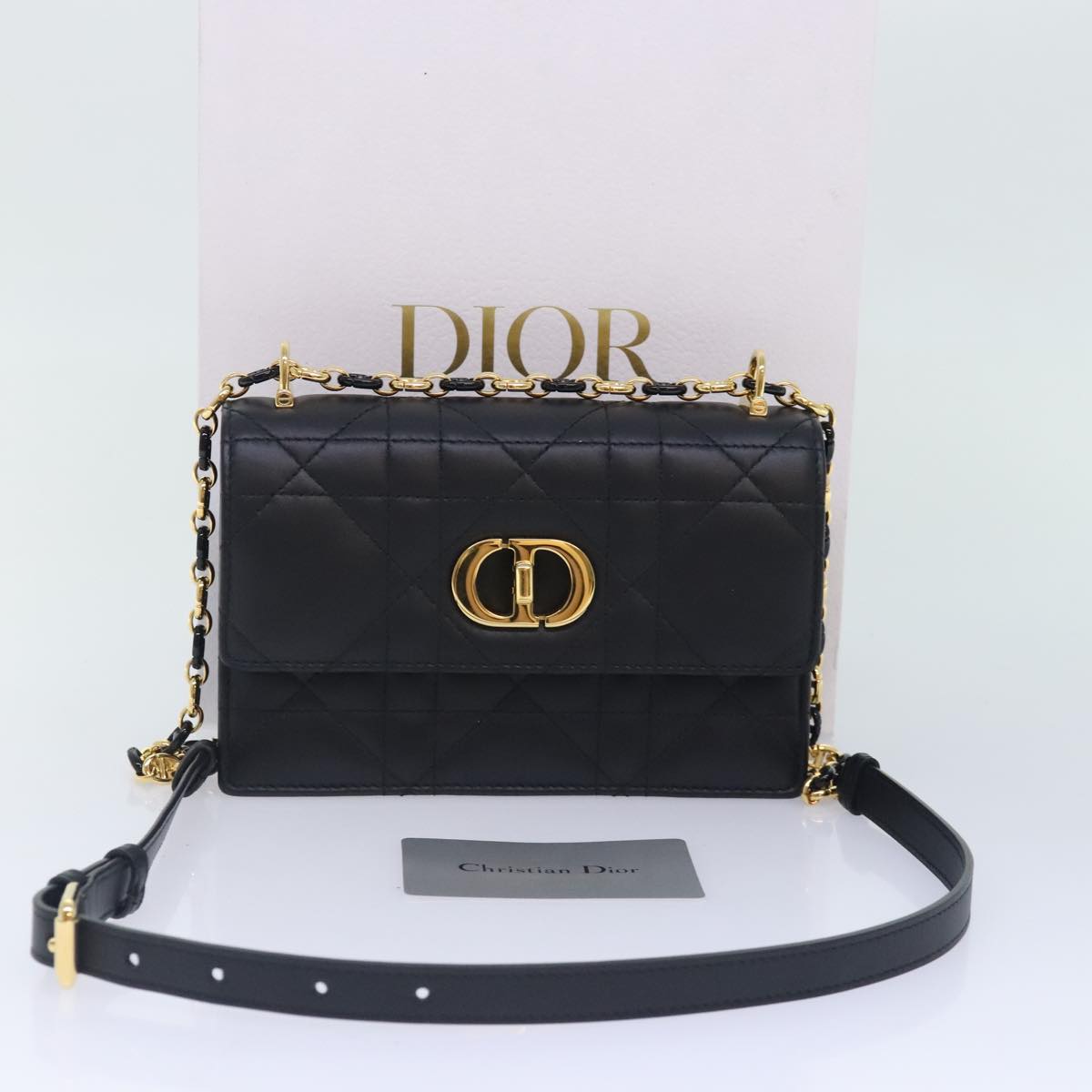 Christian Dior Miss Caro Micro Cannage Bag Lamb Skin Black Gold Auth 89088S