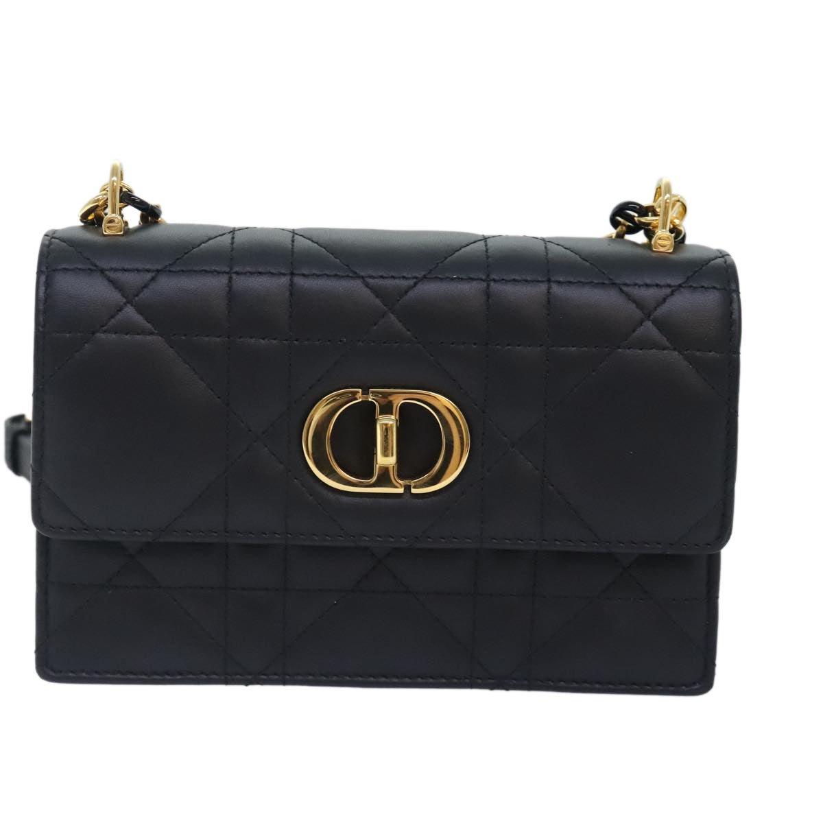 Christian Dior Miss Caro Micro Cannage Bag Lamb Skin Black Gold Auth 89088S