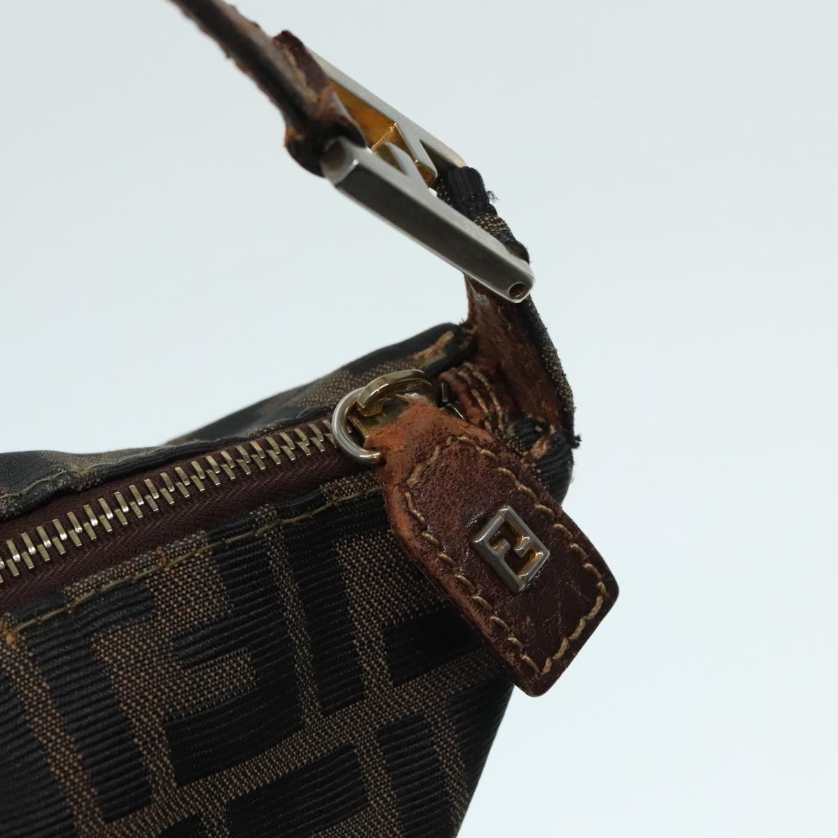 FENDI Zucca Canvas Shoulder Bag Brown Black gold Auth 89097