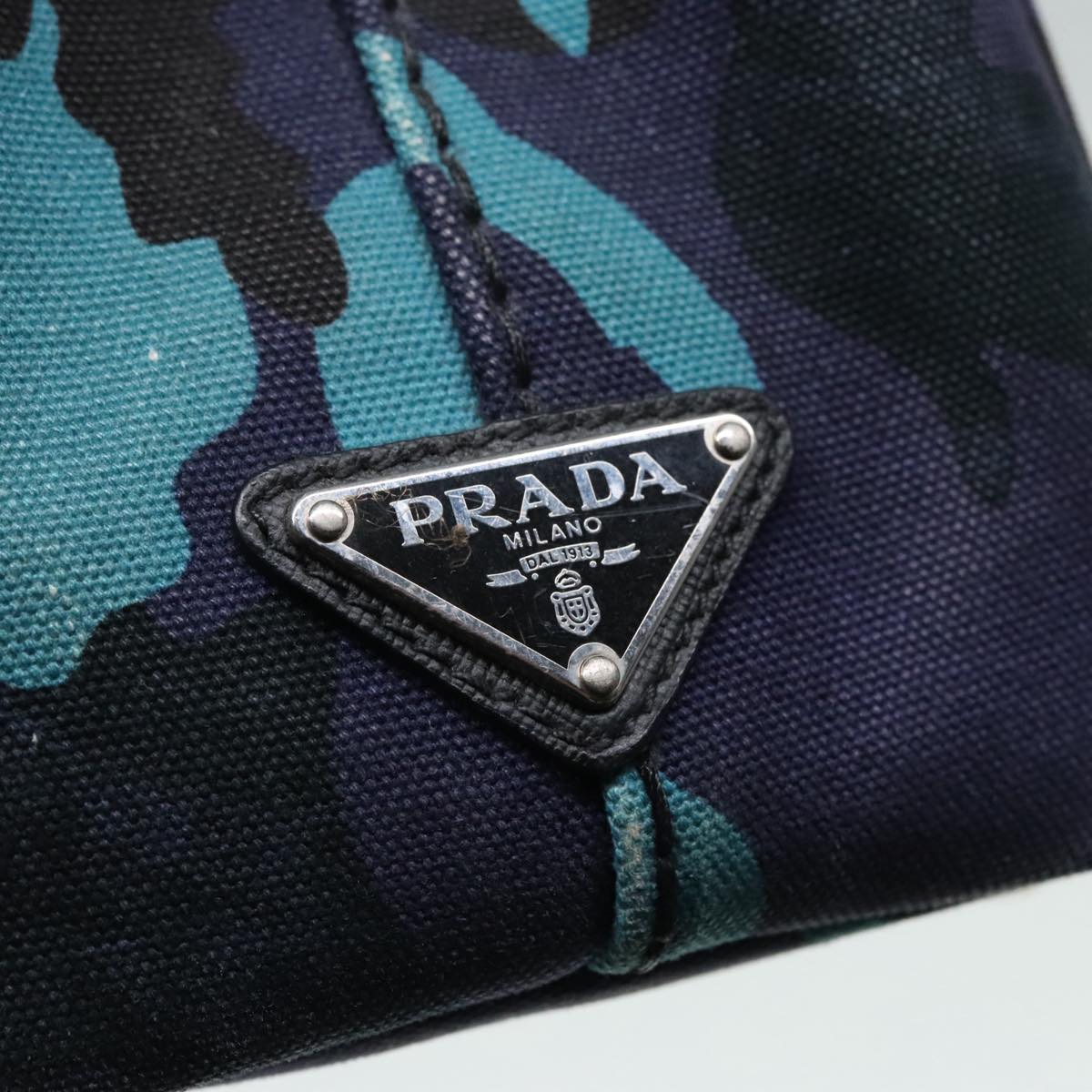 PRADA Canapa PM Hand Bag Canvas Navy Silver Auth 89099