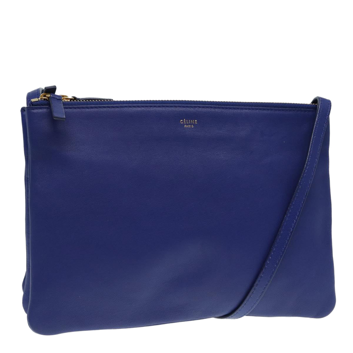 CELINE Trio Shoulder Bag Leather Blue Gold Auth 89106