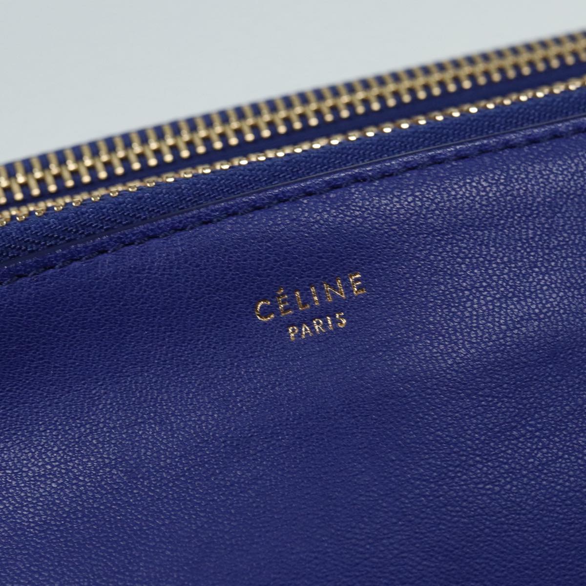 CELINE Trio Shoulder Bag Leather Blue Gold Auth 89106