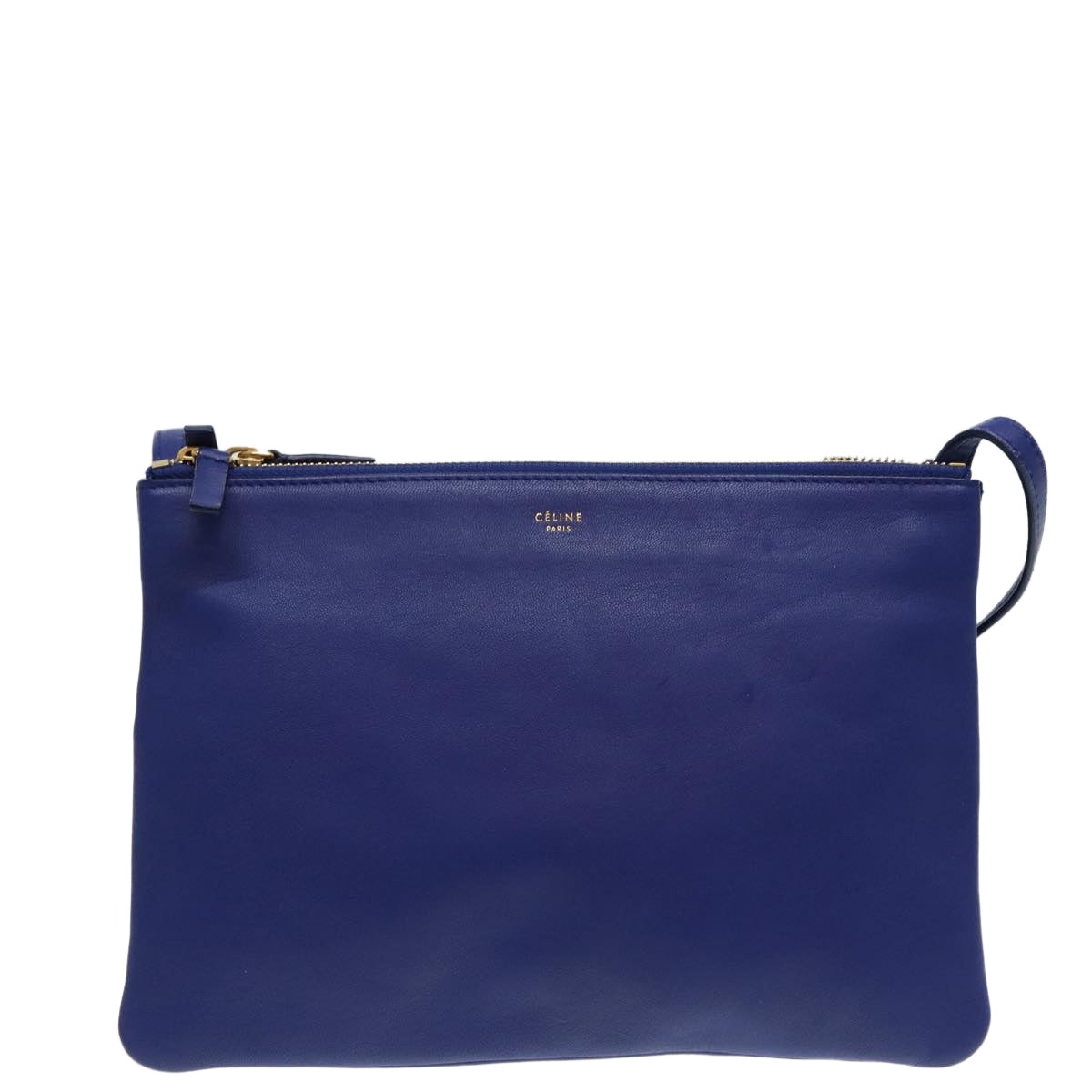 CELINE Trio Shoulder Bag Leather Blue Gold Auth 89106 - 0