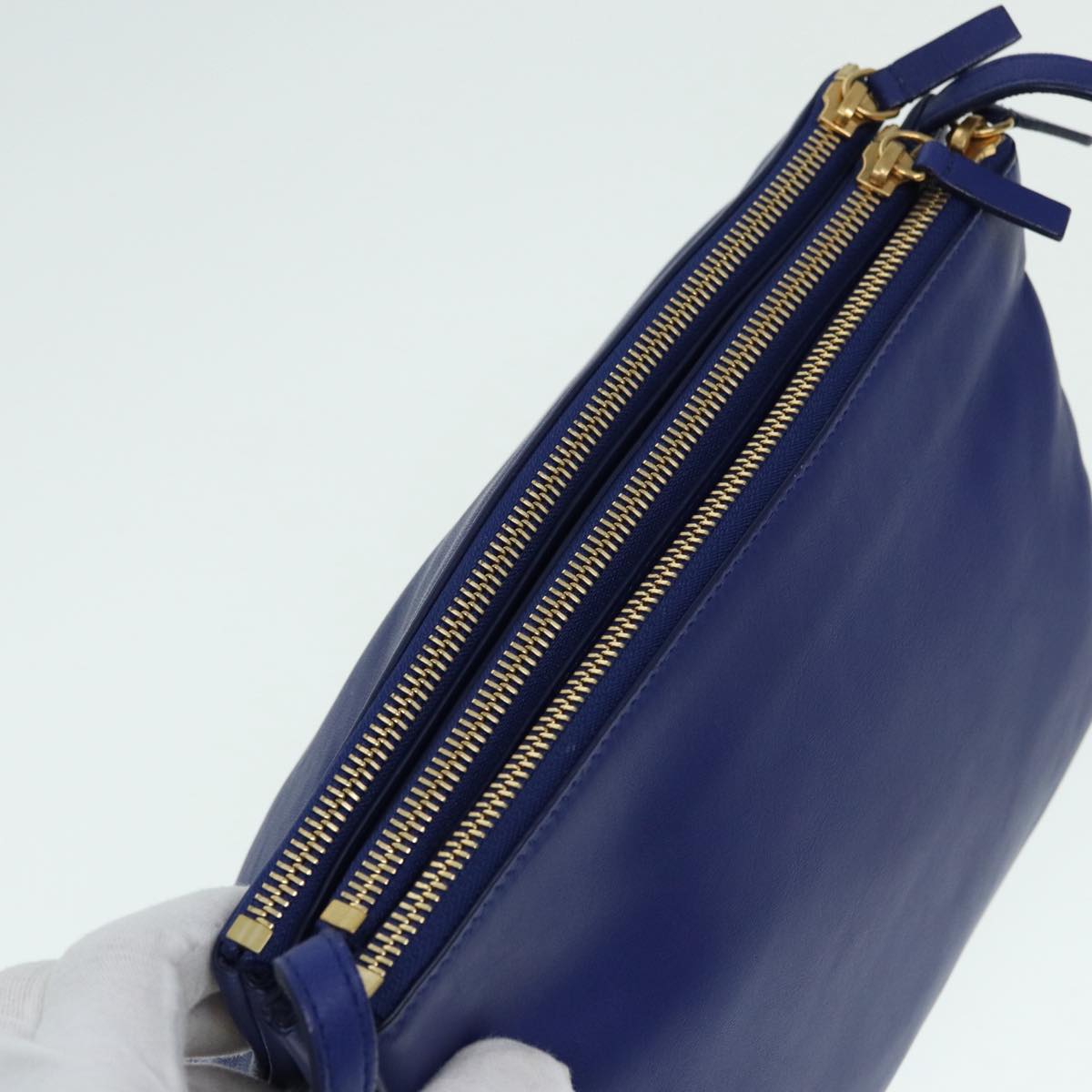 CELINE Trio Shoulder Bag Leather Blue Gold Auth 89106