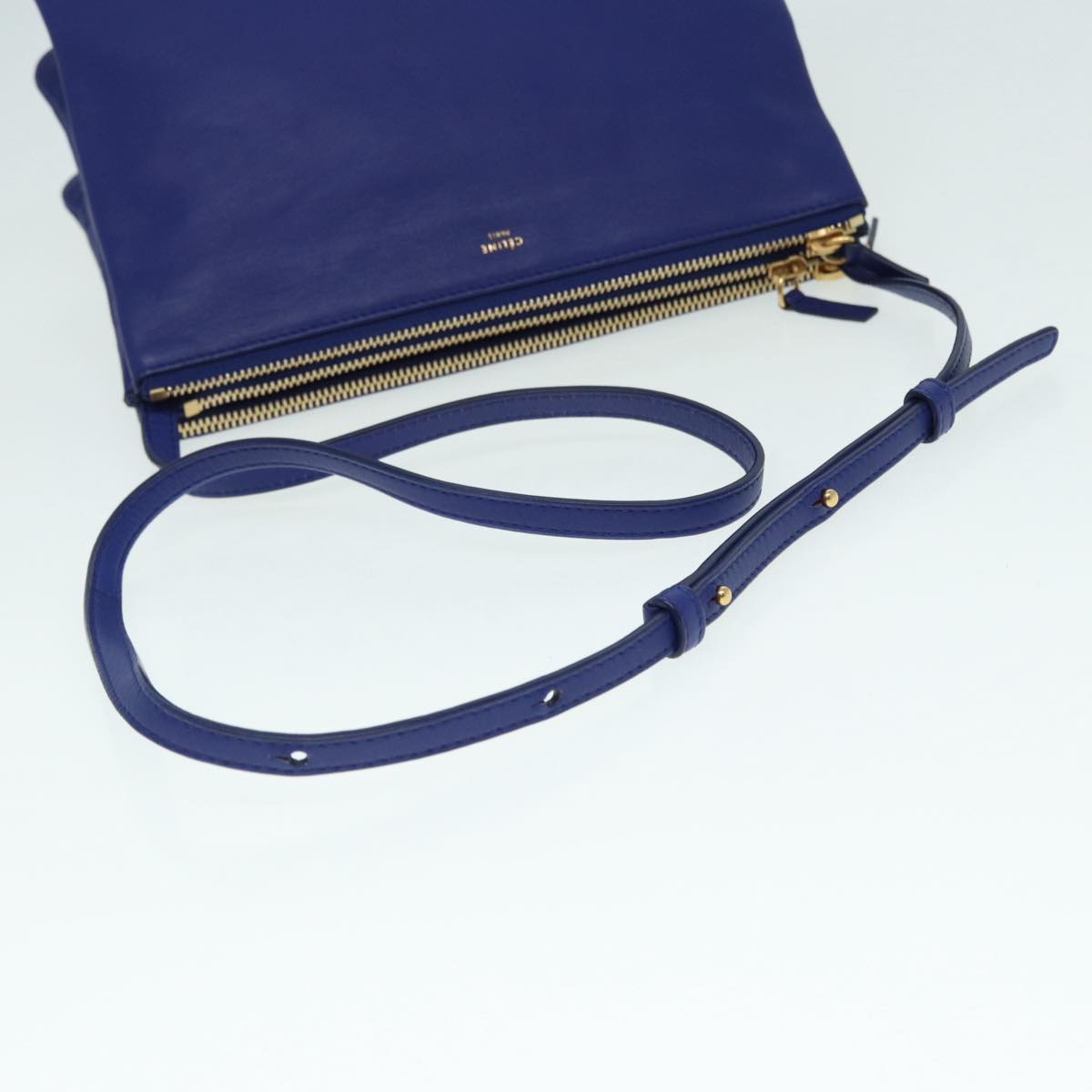 CELINE Trio Shoulder Bag Leather Blue Gold Auth 89106