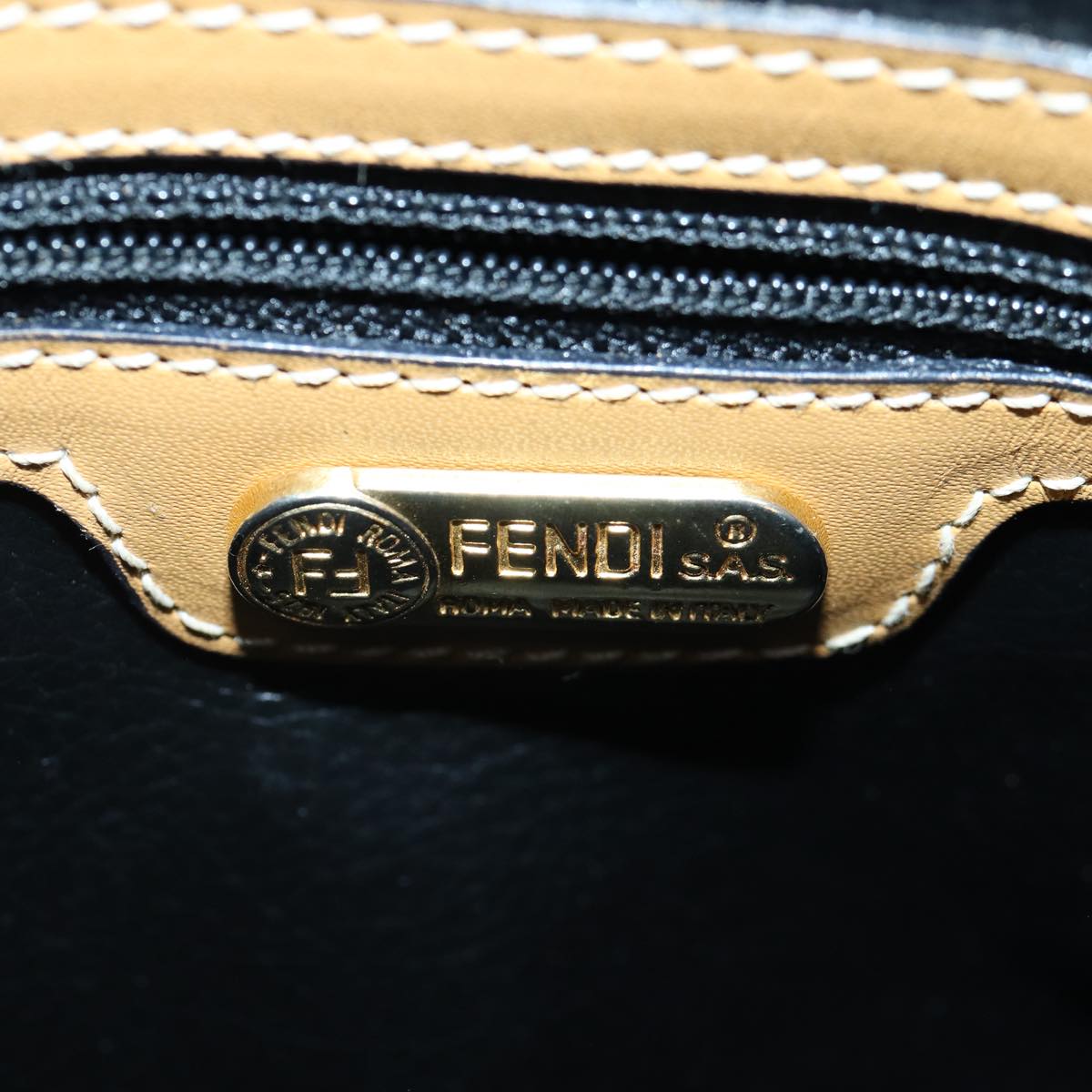 FENDI Pecan Canvas Boston Bag Brown Black gold Auth 89110