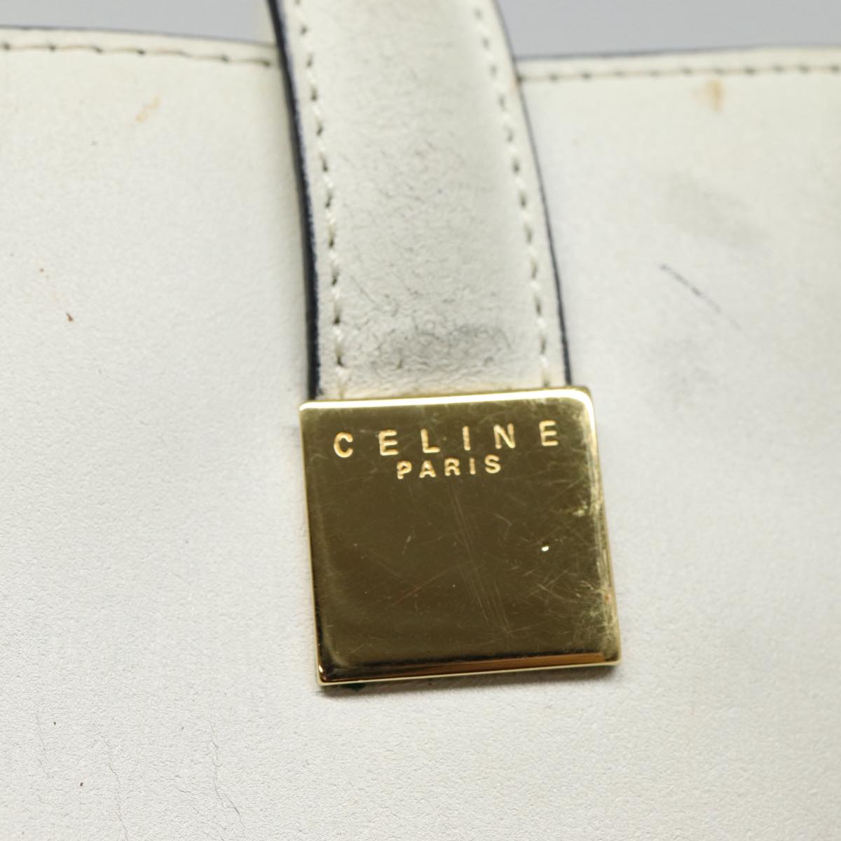 CELINE Hand Bag Leather White Gold Auth 89113