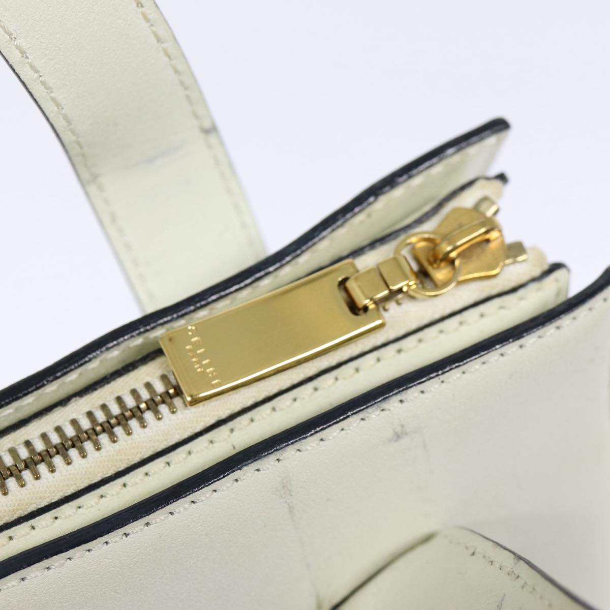 CELINE Hand Bag Leather White Gold Auth 89113