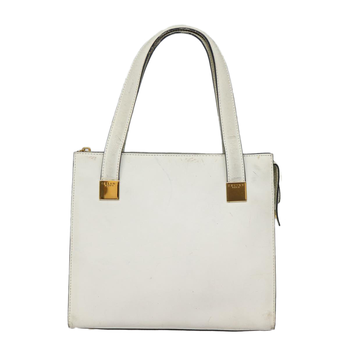 CELINE Hand Bag Leather White Gold Auth 89113