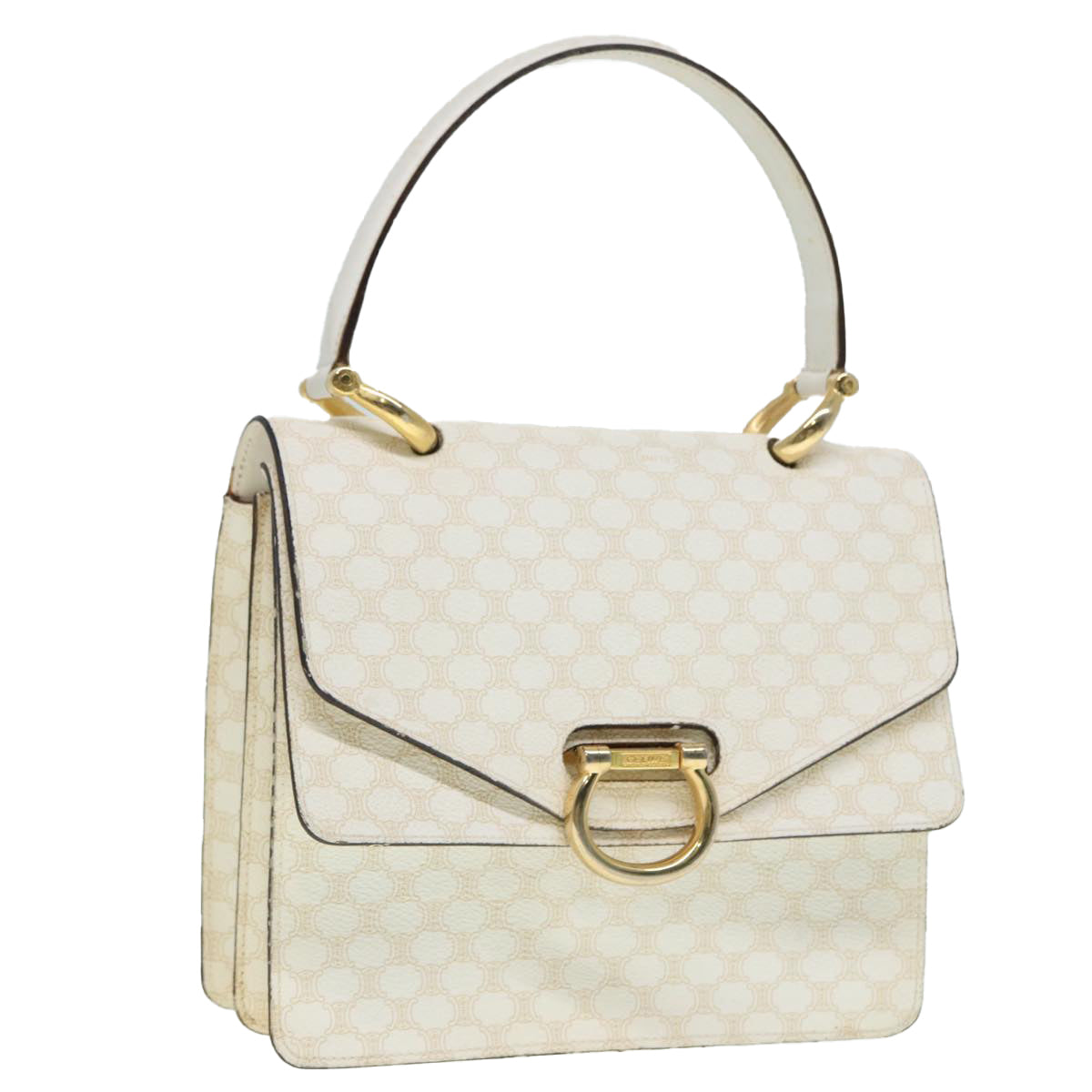 CELINE Macadam Canvas Hand Bag PVC White Gold Auth 89114