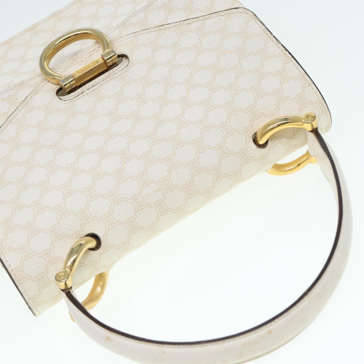 CELINE Macadam Canvas Hand Bag PVC White Gold Auth 89114