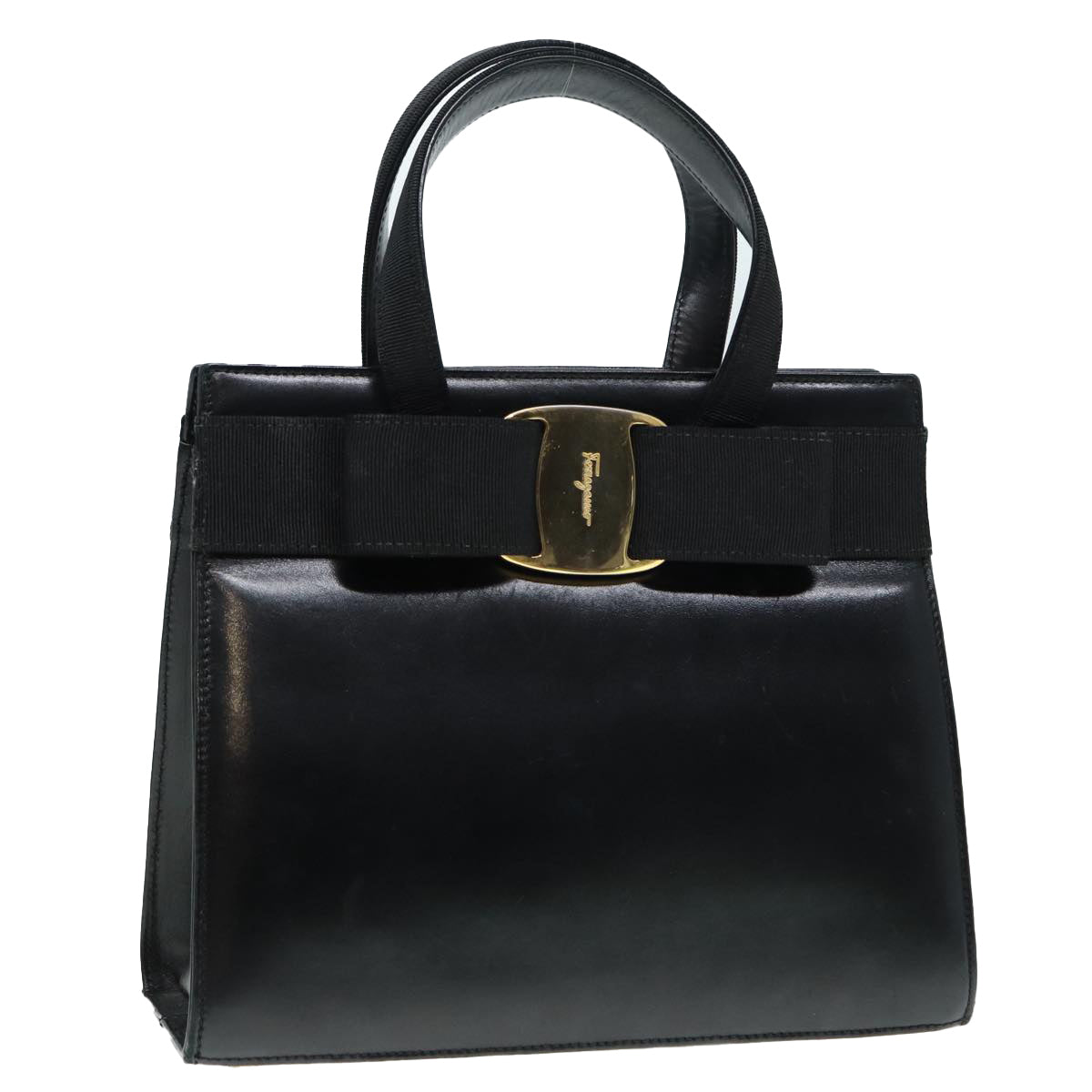 Salvatore Ferragamo Vala Hand Bag Leather Black Gold Auth 89115