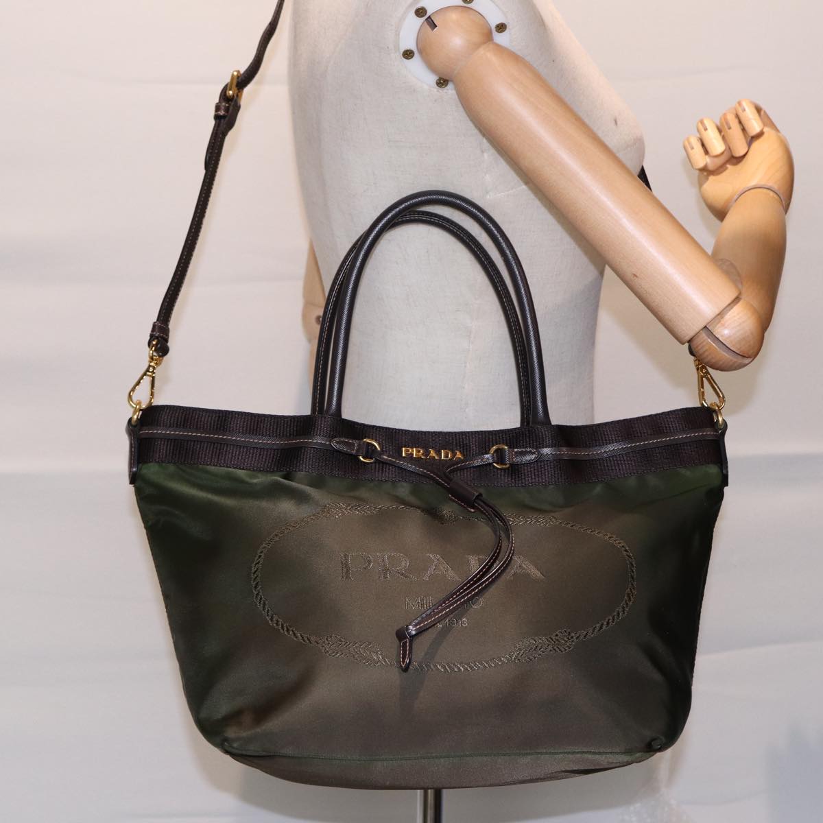 PRADA Hand Bag Nylon 2way Khaki Gold Auth 89132