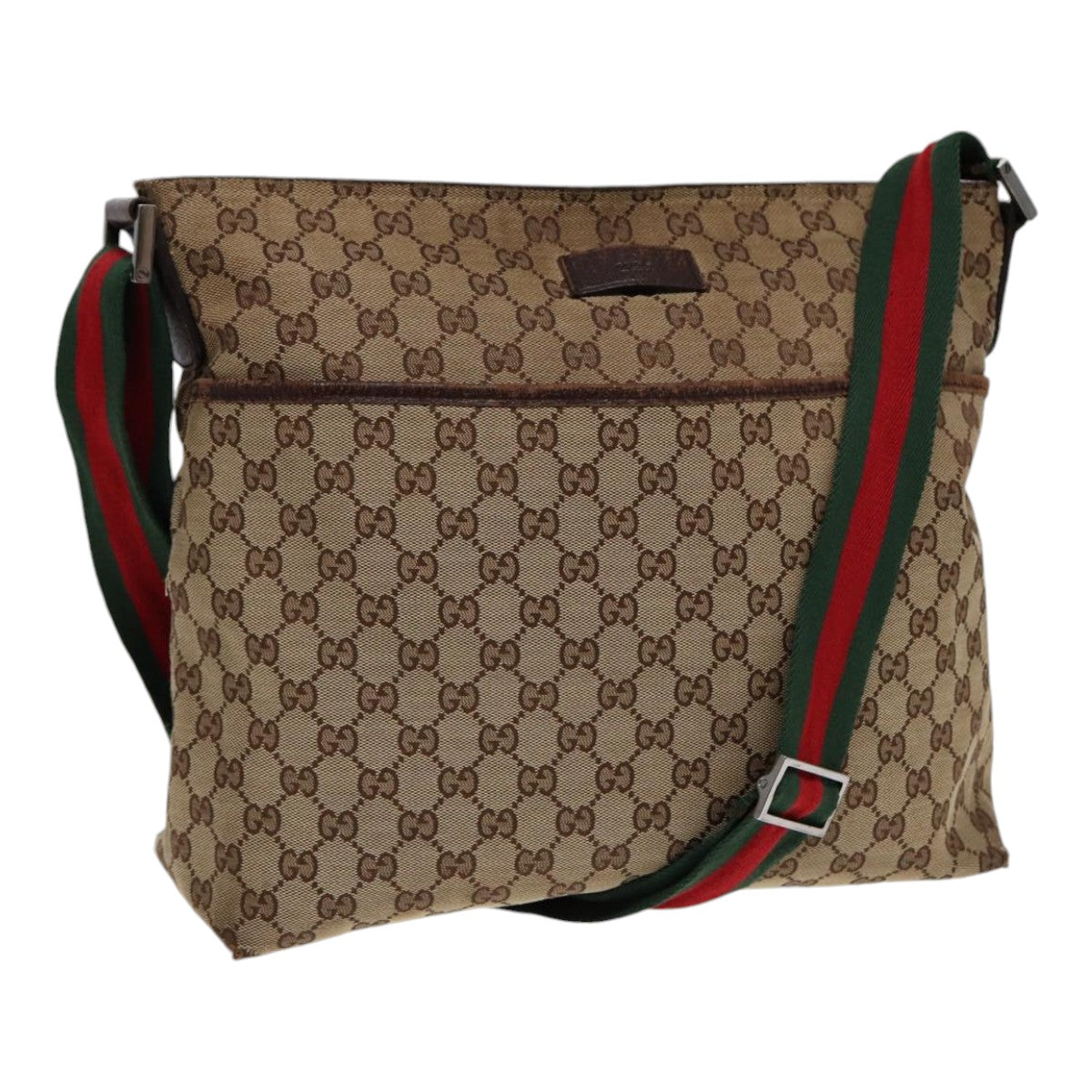 GUCCI GG Canvas Web Sherry Line Shoulder Bag Beige Silver Red 189751 Auth 89136