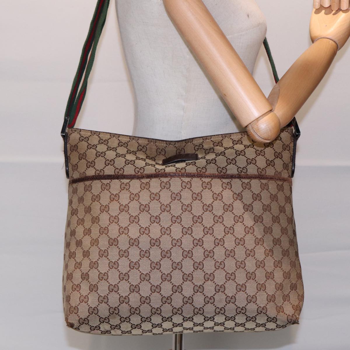 GUCCI GG Canvas Web Sherry Line Shoulder Bag Beige Silver Red 189751 Auth 89136