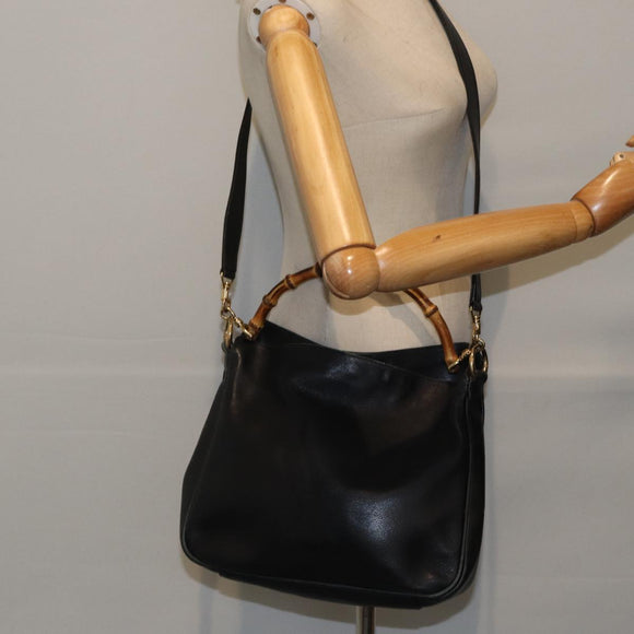 GUCCI Bamboo Shoulder Bag Leather 2way Black Gold 001 1638 2058 Auth 89140