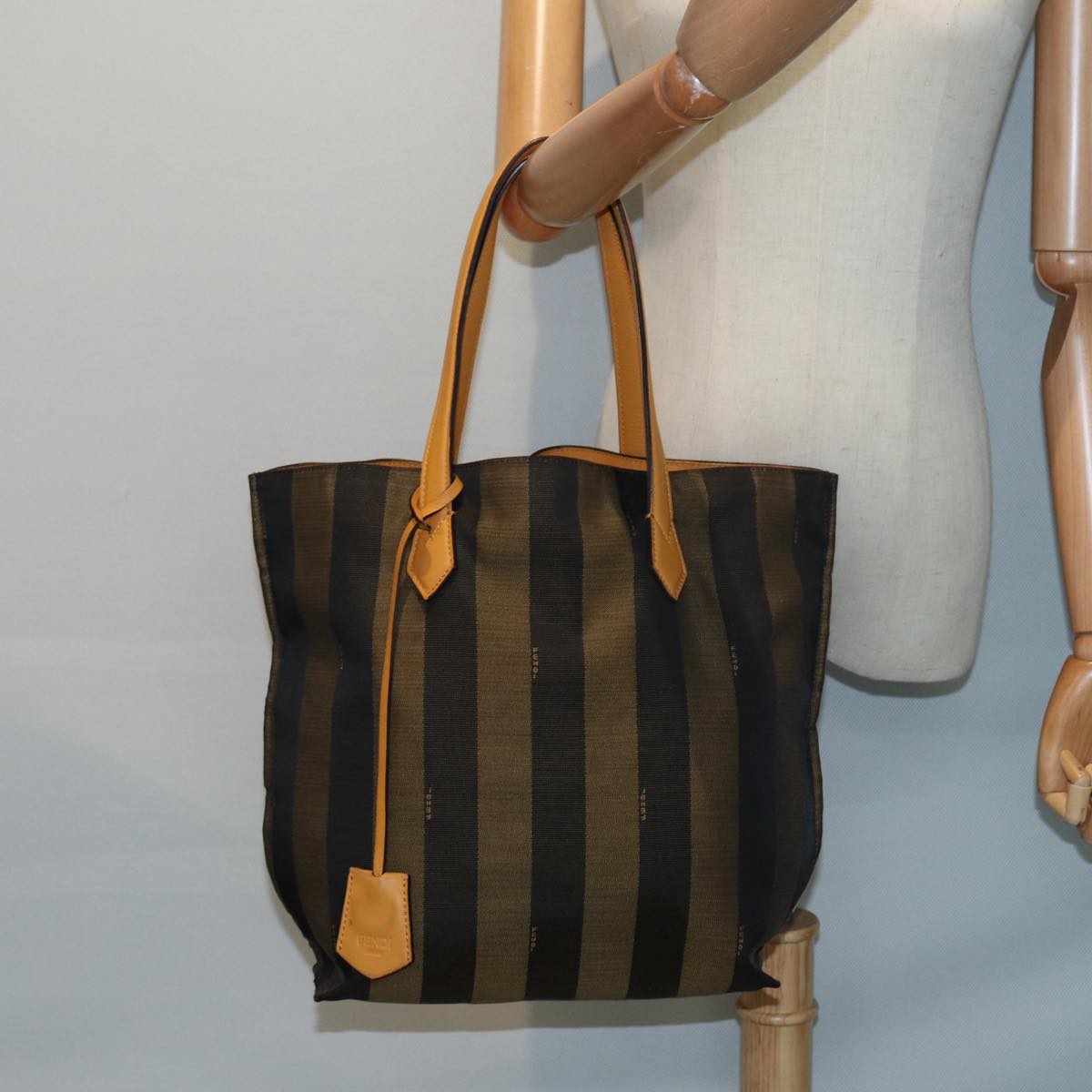 FENDI Pecan Canvas Tote Bag Brown Black gold Auth 89144