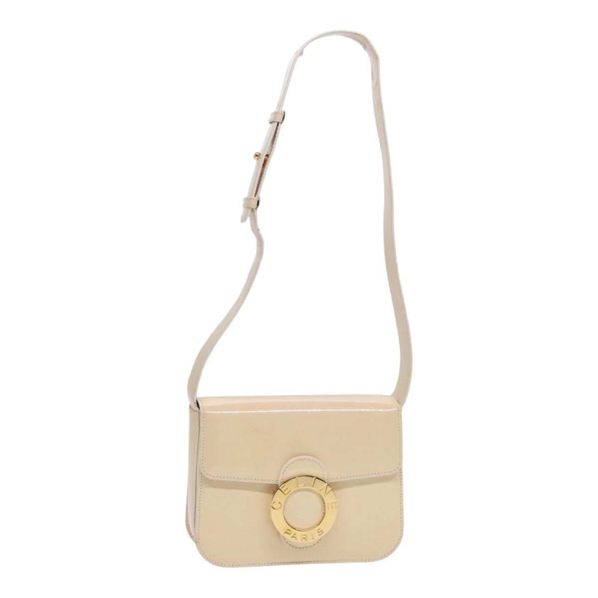 CELINE Circle Shoulder Bag Enamel Beige Gold Auth 89224