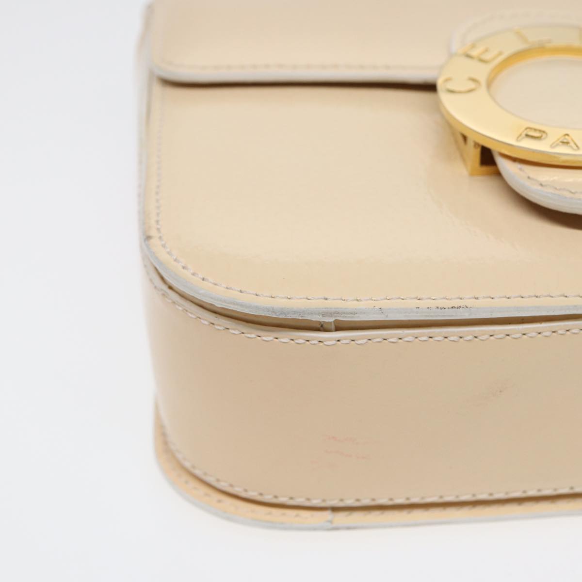 CELINE Circle Shoulder Bag Enamel Beige Gold Auth 89224