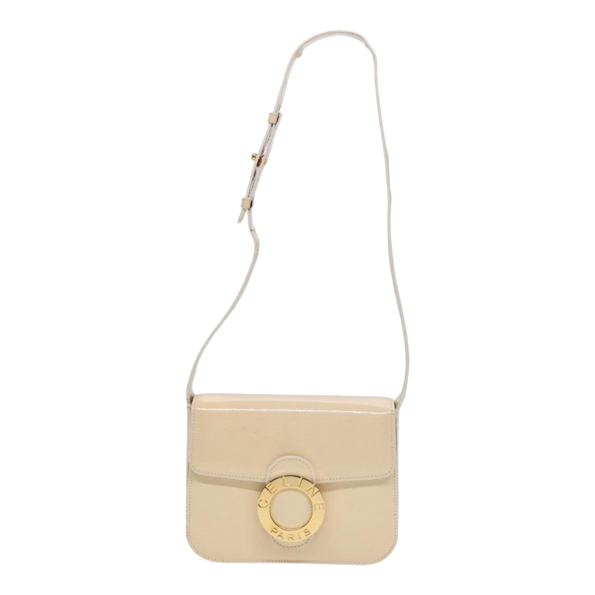 CELINE Circle Shoulder Bag Enamel Beige Gold Auth 89224