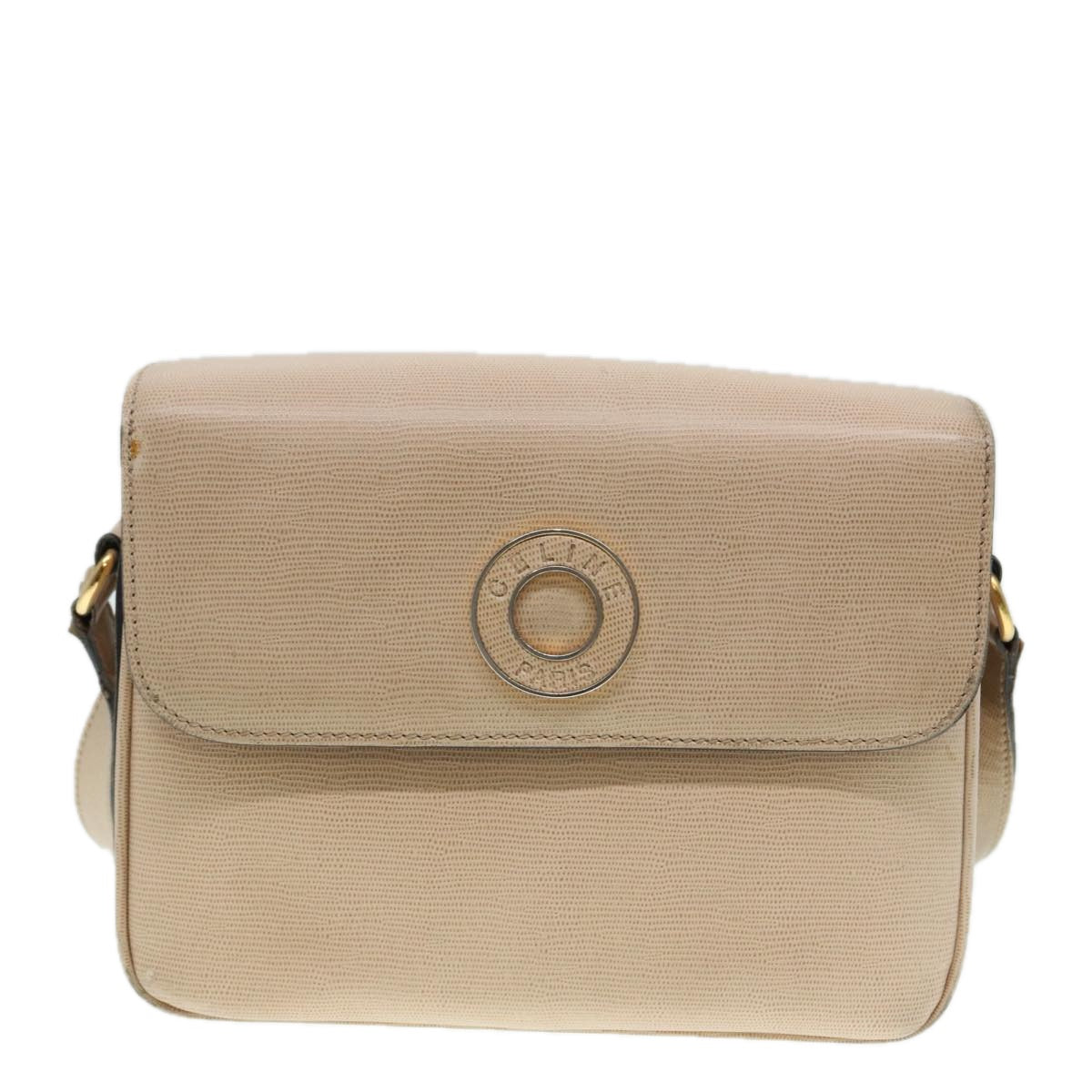 CELINE Shoulder Bag Leather Beige Gold Auth 89225