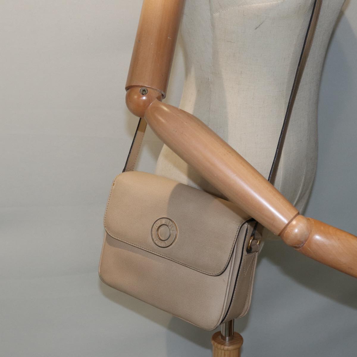 CELINE Shoulder Bag Leather Beige Gold Auth 89225