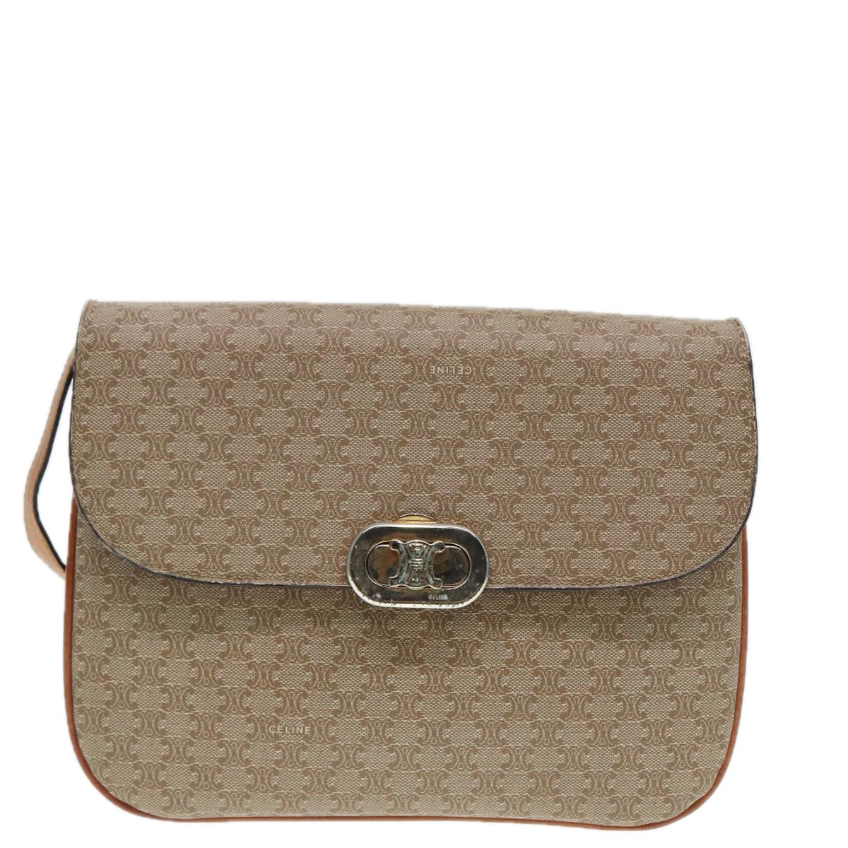 CELINE Macadam Canvas Shoulder Bag Beige Gold Auth 89226