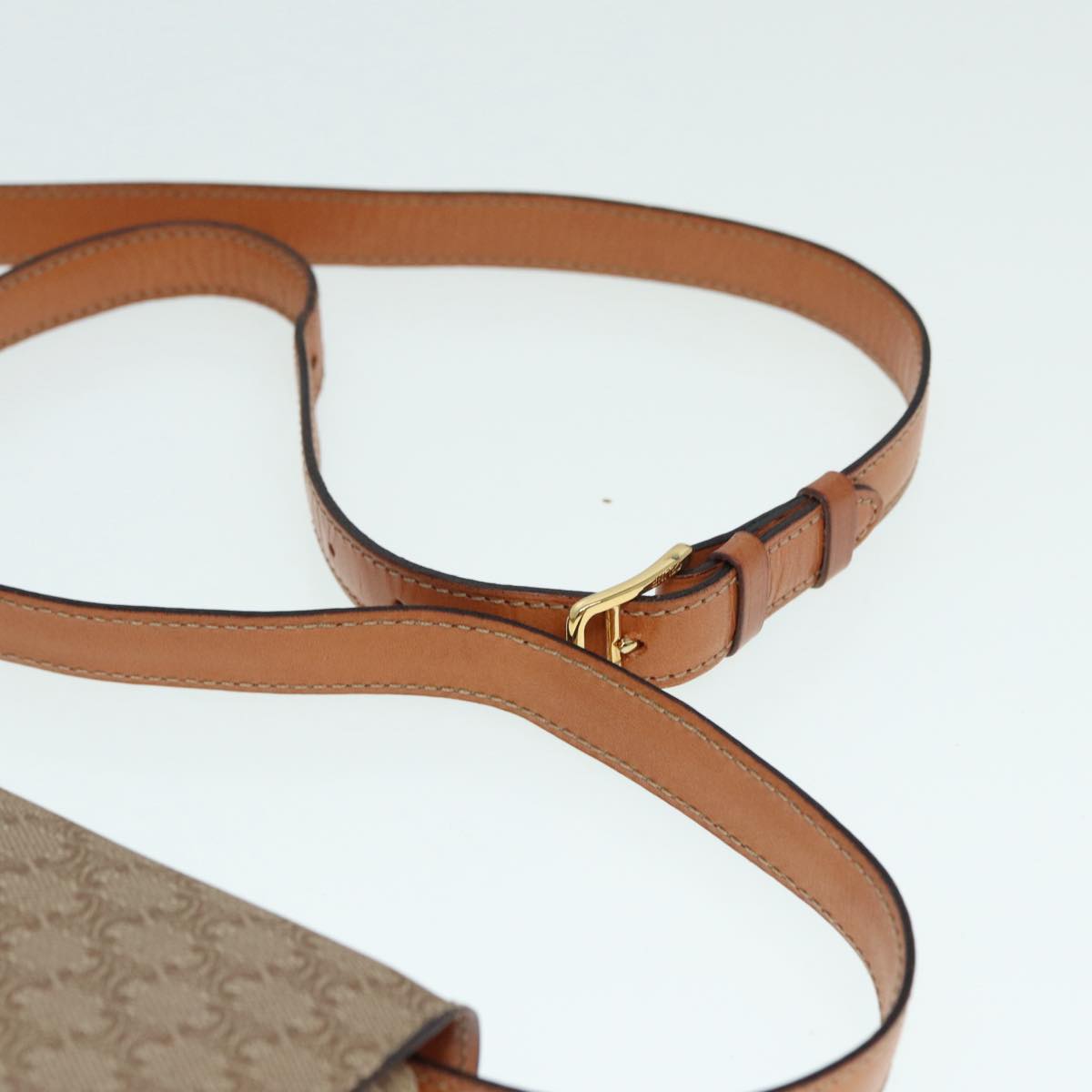 CELINE Macadam Canvas Shoulder Bag Beige Gold Auth 89226