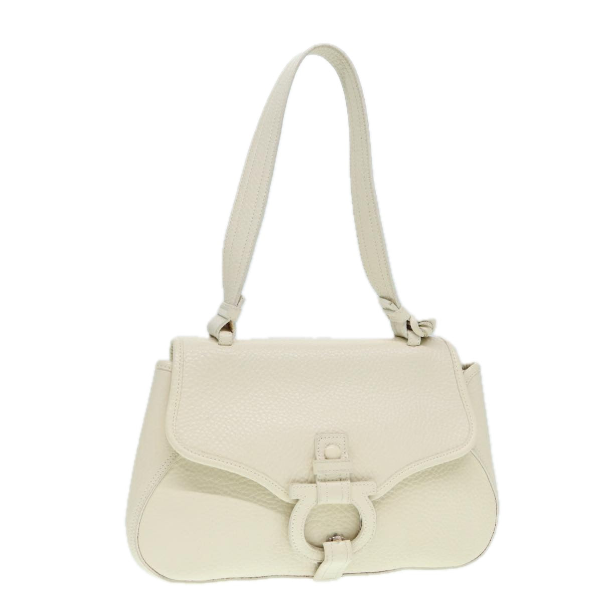 Salvatore Ferragamo Gancini Shoulder Bag Leather White Silver Auth 89227