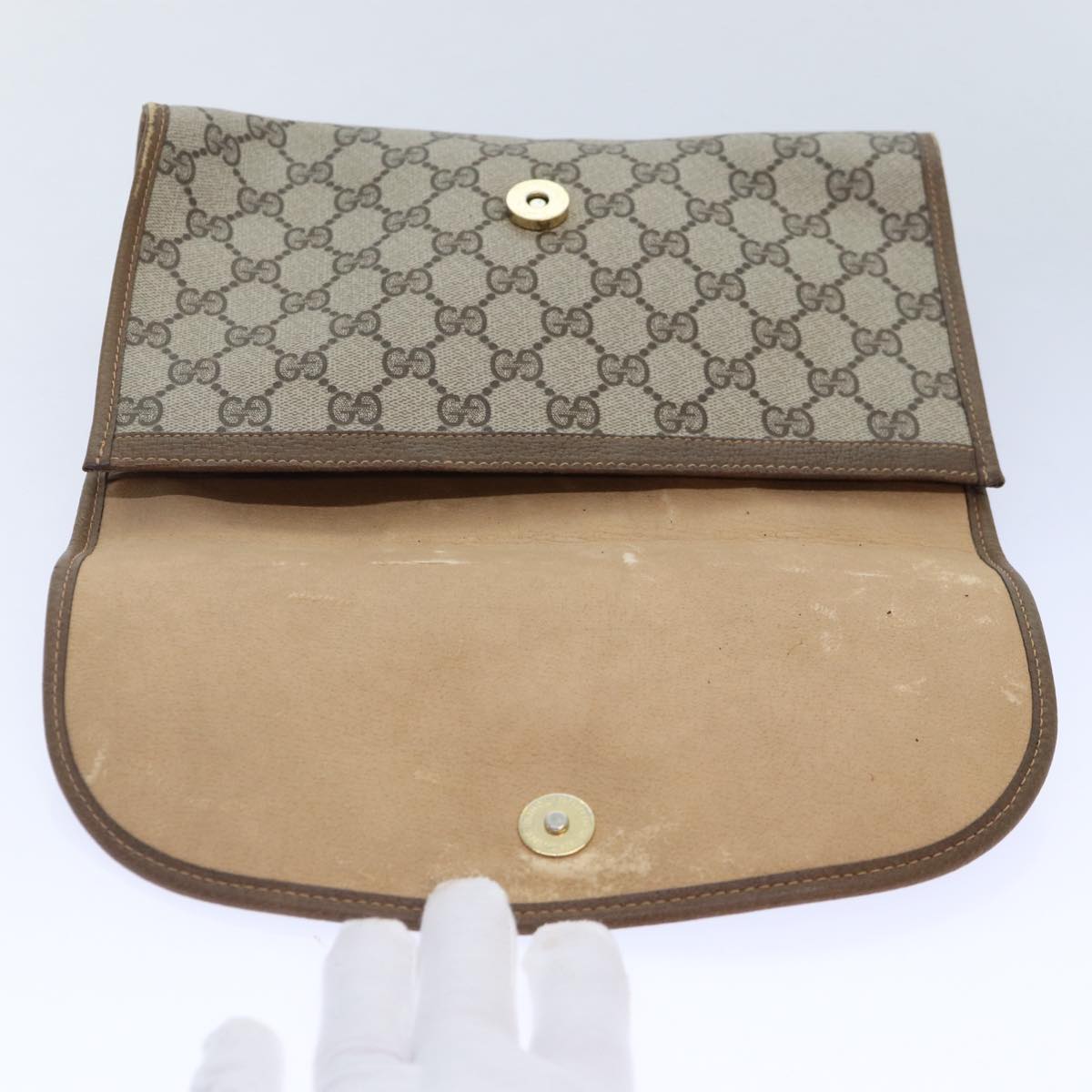 GUCCI GG Supreme Web Sherry Line Clutch Bag PVC Beige Gold 89 01 030 Auth 89230