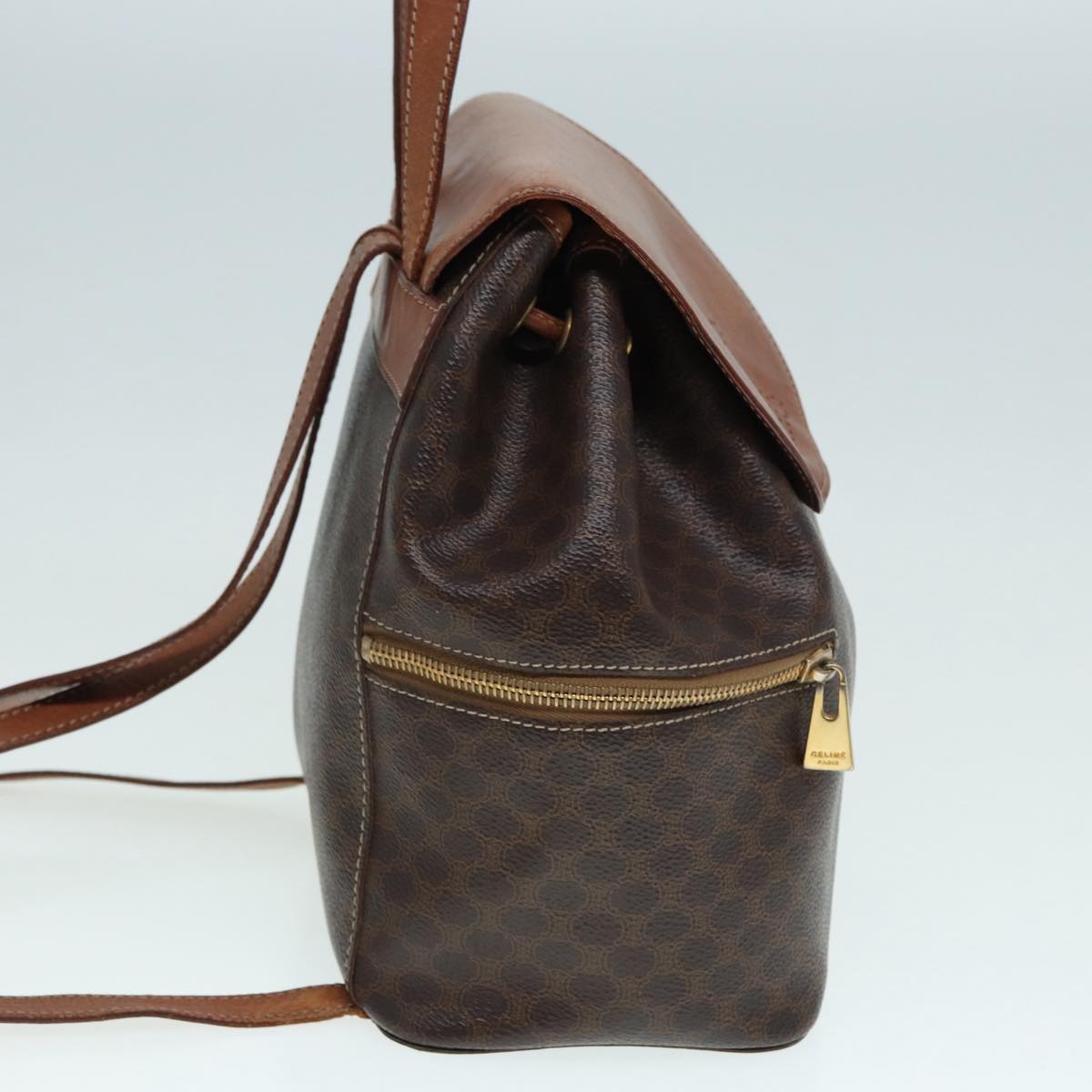 CELINE Macadam Canvas Backpack PVC Leather Brown Gold Auth 89236