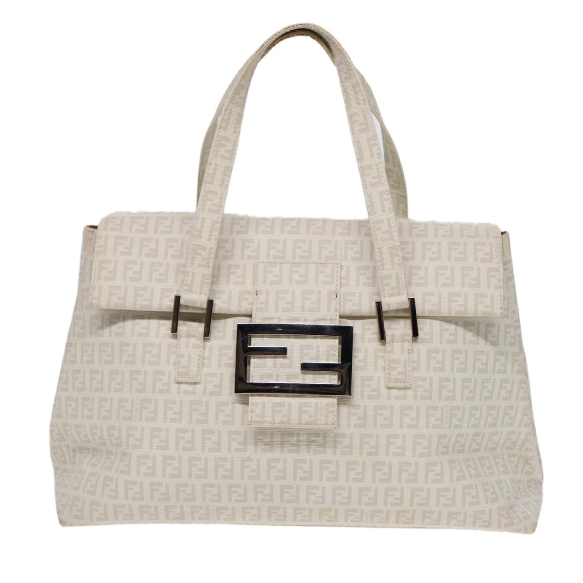 FENDI Zucchino Canvas Mamma Bucket Hand Bag White Silver Auth 89238