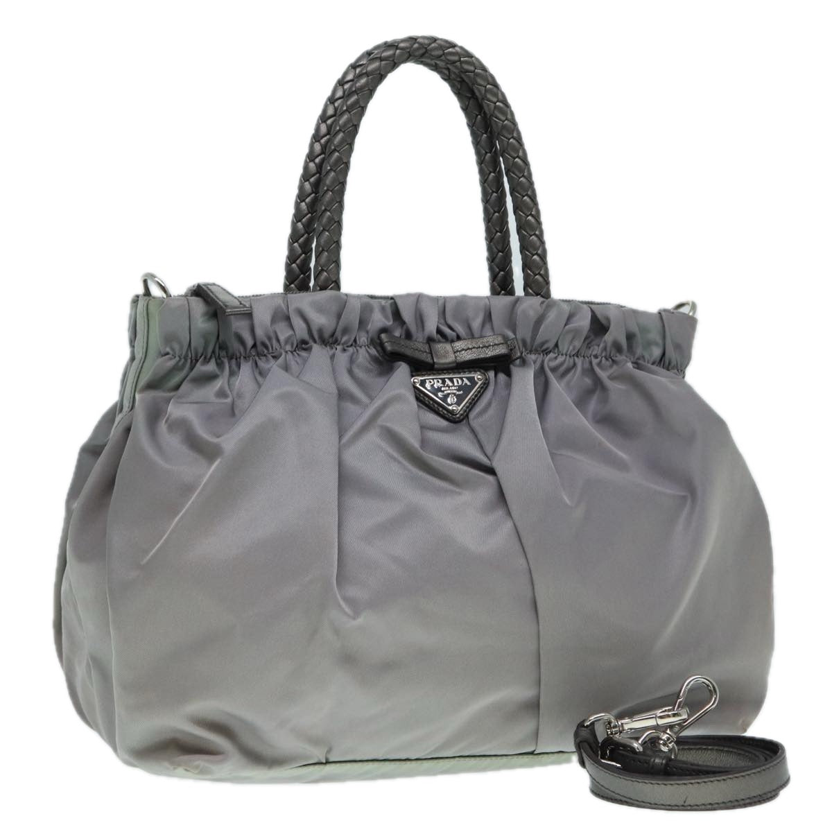 PRADA Hand Bag Nylon 2way Silver Gray Auth 89250