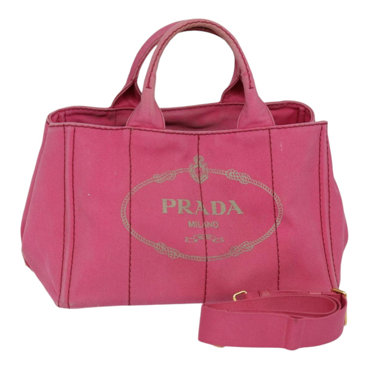 PRADA Canapa MM Hand Bag Canvas 2way Pink Gold Auth 89253