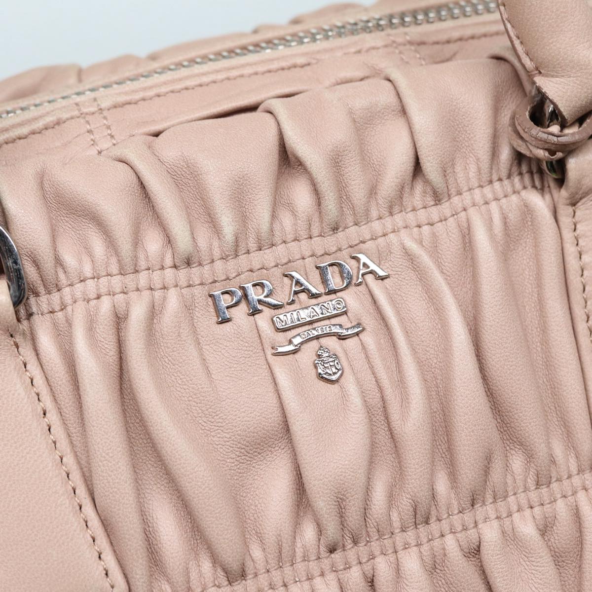 PRADA Hand Bag Leather Beige Gold Auth 89256