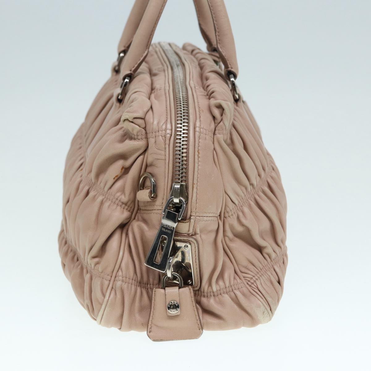 PRADA Hand Bag Leather Beige Gold Auth 89256