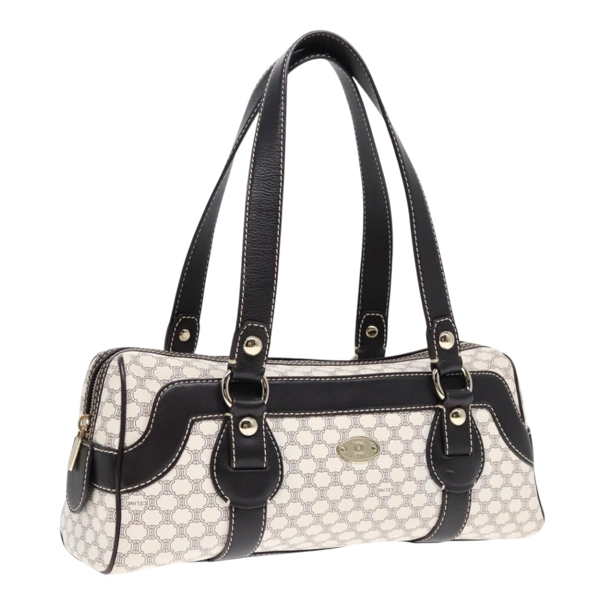 CELINE Macadam Canvas Hand Bag PVC White Gold Auth 89265