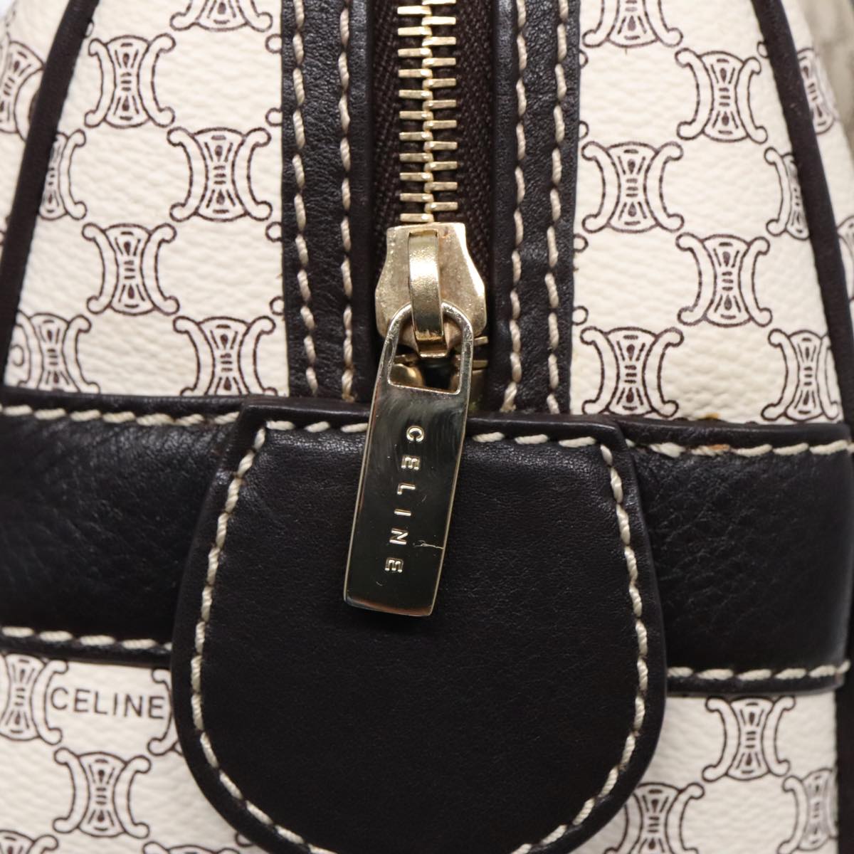 CELINE Macadam Canvas Hand Bag PVC White Gold Auth 89265