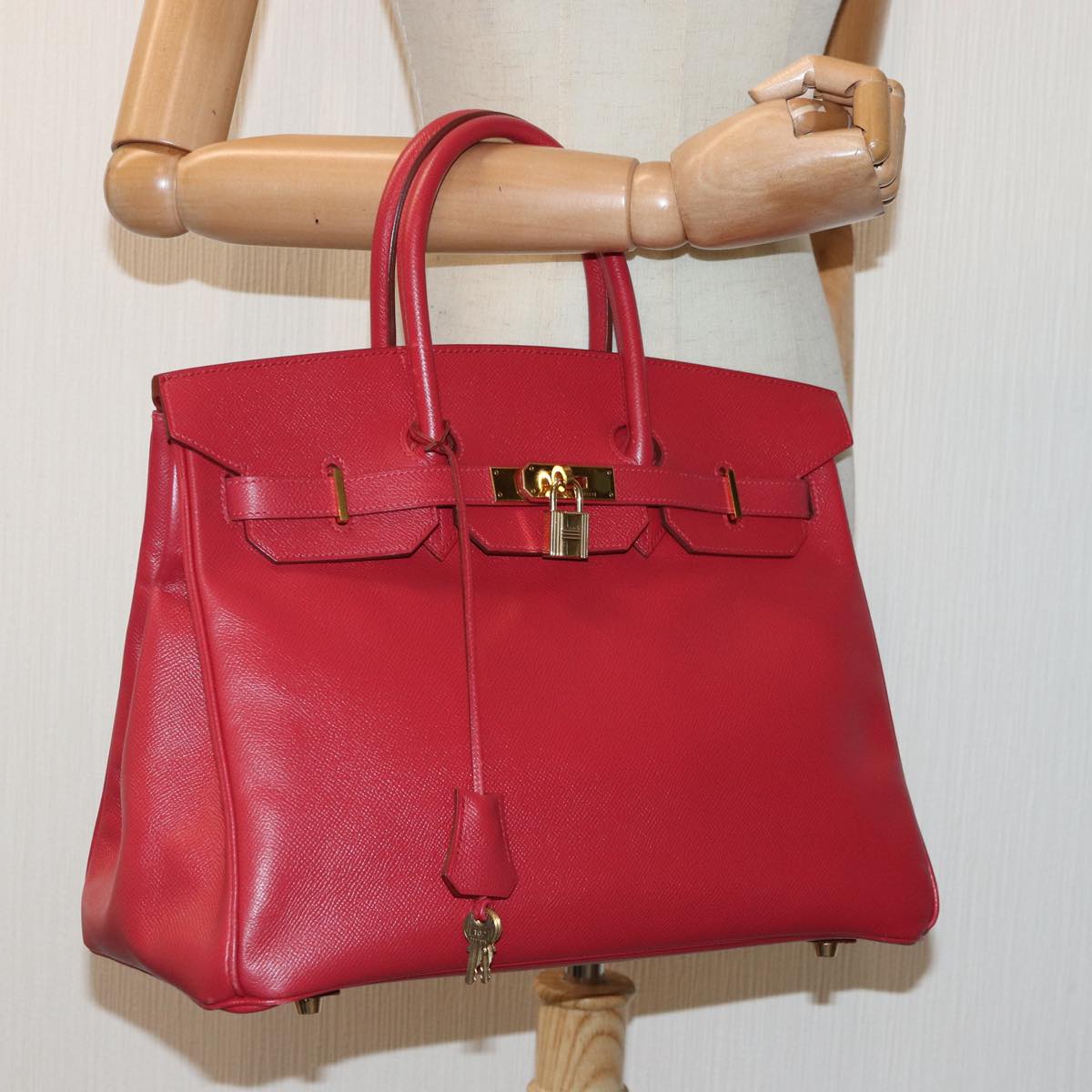 HERMES Birkin 35 Hand Bag Leather Red Gold Auth 89271