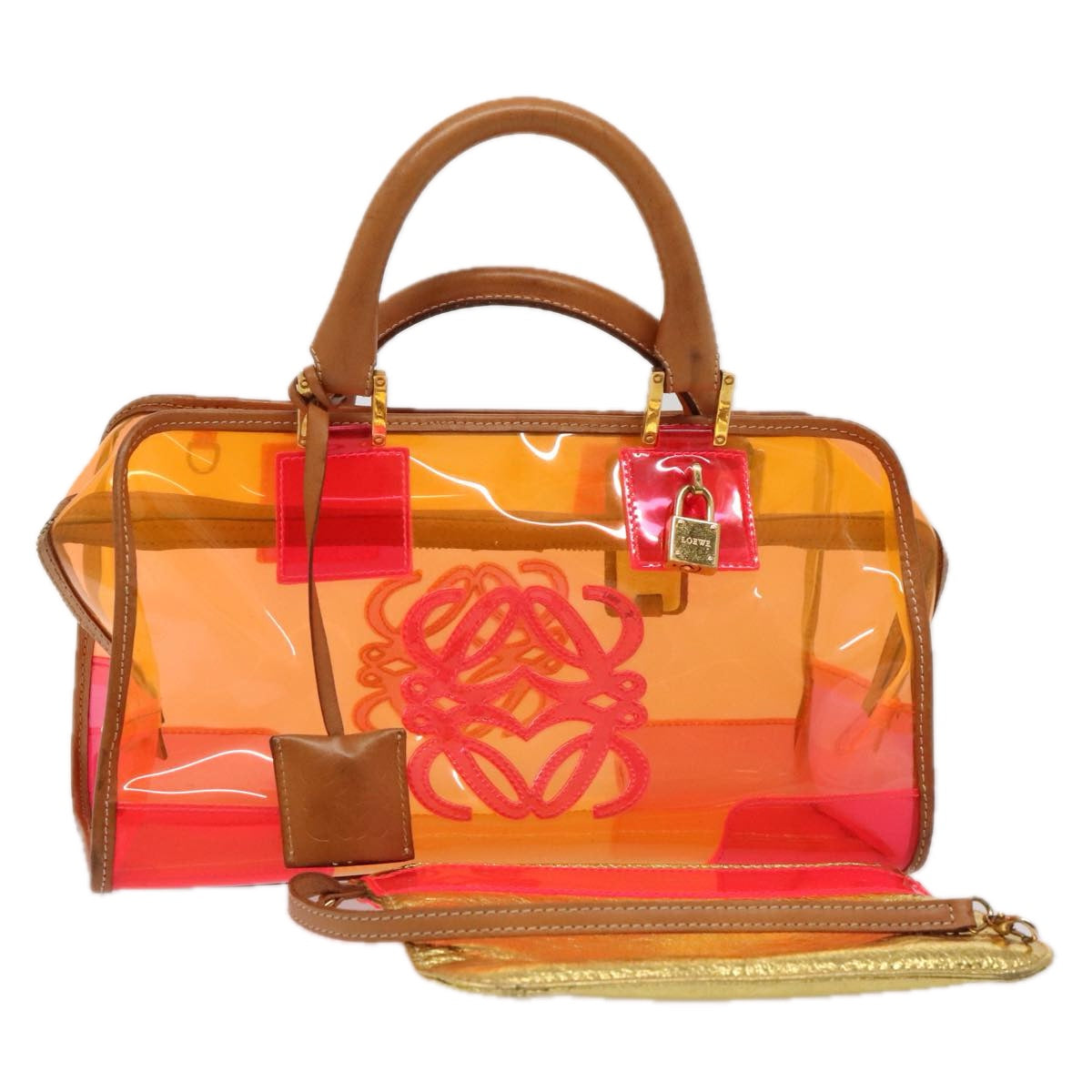 LOEWE Anagram Americana 28 Hand Bag Vinyl Orange Gold Auth 89314