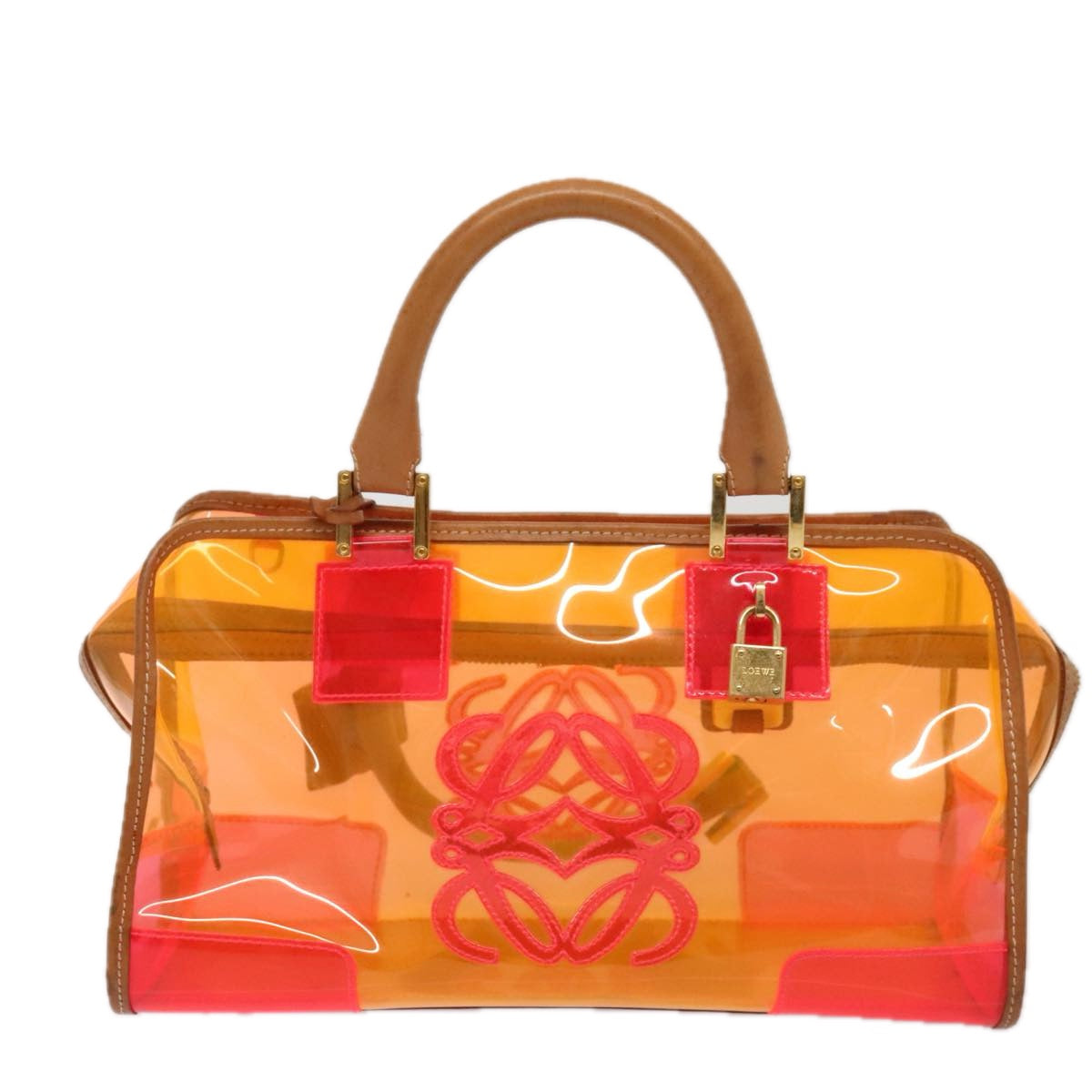 LOEWE Anagram Americana 28 Hand Bag Vinyl Orange Gold Auth 89314