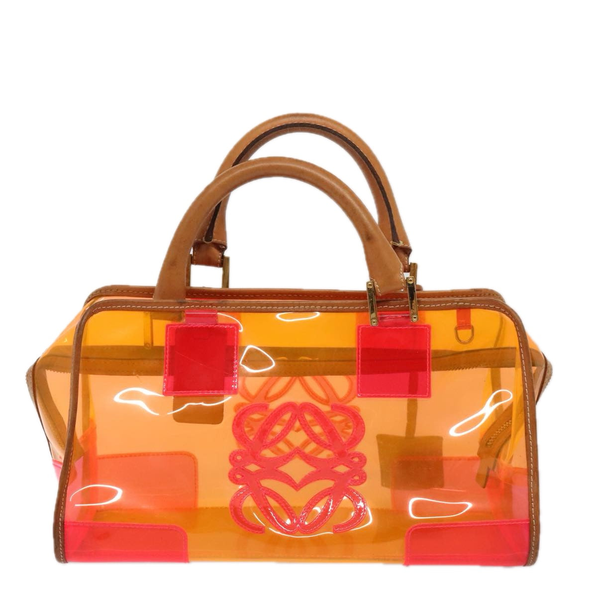 LOEWE Anagram Americana 28 Hand Bag Vinyl Orange Gold Auth 89314 - 0