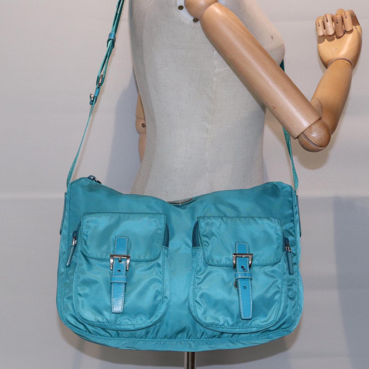 PRADA Shoulder Bag Nylon Turquoise Blue Auth 89320