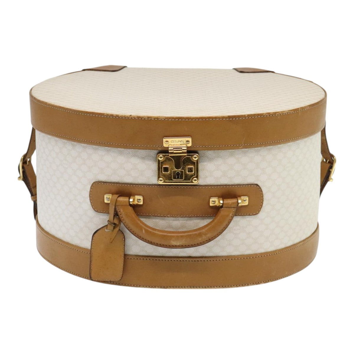 CELINE Macadam Canvas Hat Case Trunk PVC Leather White Auth 89338