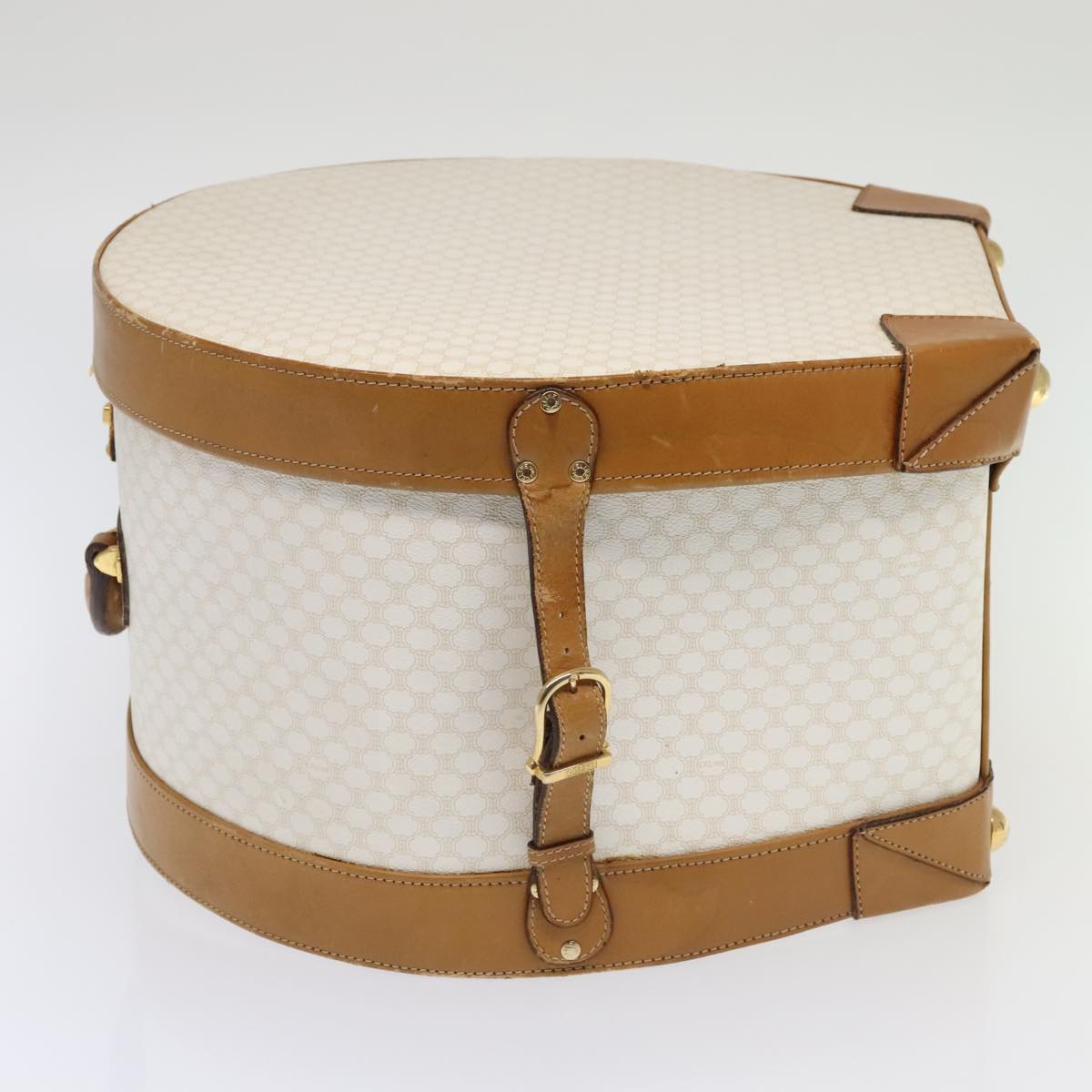 CELINE Macadam Canvas Hat Case Trunk PVC Leather White Auth 89338